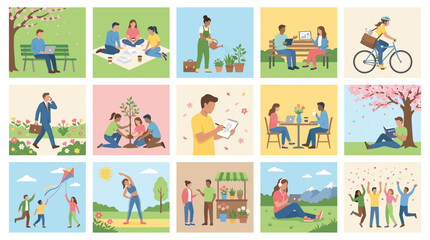 Naklejka premium A collection of illustrations depicting people enjoying various outdoor activities and moments of relaxation in nature.
