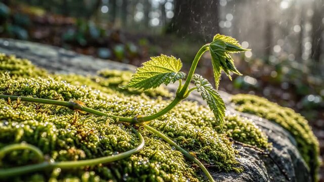 Mossy rock with curling vine shoot and sunlit forest backdrop