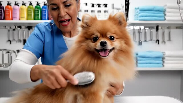 Senior Hispanic woman brushes fluffy Pomeranian dog on grooming table, colorful shampoo bottles and towels neatly arranged in the background of a pet grooming salon