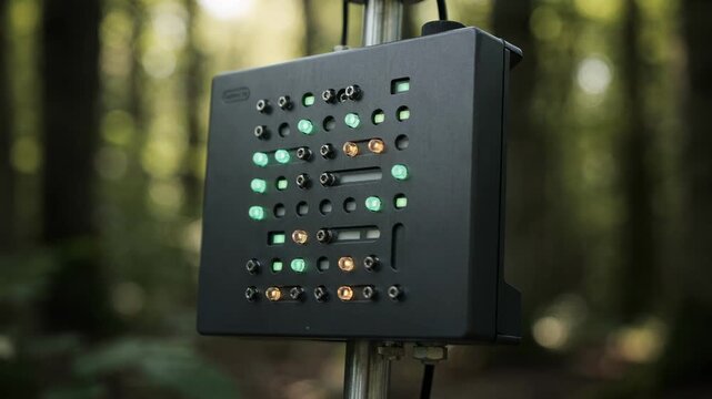 Closeup of an outdoor FM transmitter with glowing indicator lights sharply focused against a softly blurred background of forest greenery.