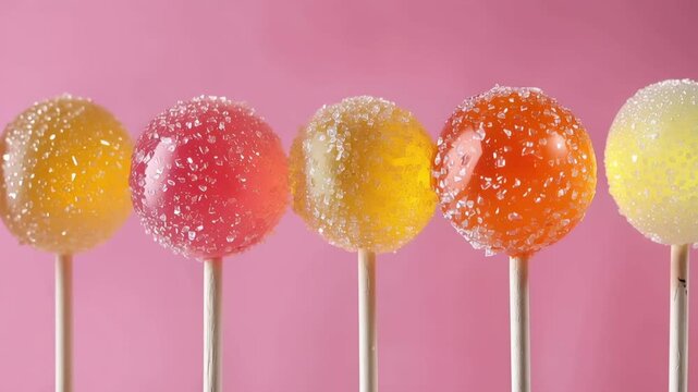 Colorful lollipops in a row with different flavors and bright colors at a candy shop