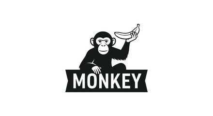 A playful monkey cheerfully holds a banana above its head presented in a striking black silhouette high quality professional detailed modern © Creativekhairul02