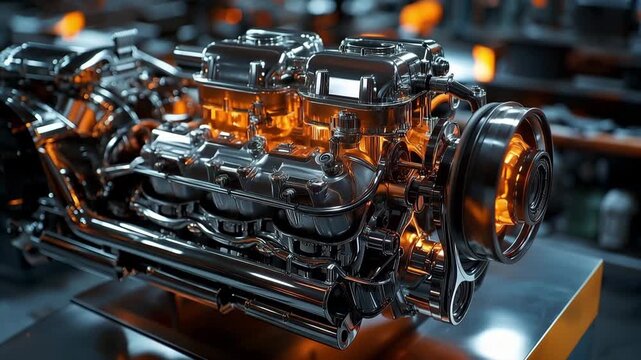 Close look at shiny engine details and functions in a workshop setting with bright lights