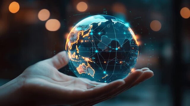 Holding a digital globe in hand with lights representing cities around the world