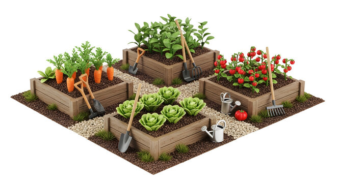 Charming isometric miniature garden with raised beds, featuring carrots, tomatoes, cabbage, and gardening tools