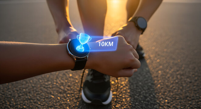 Smartwatch displaying 10km running distance on wrist with blue neon light in gym or fitness setting