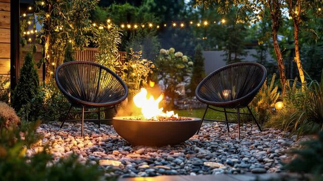 Cozy outdoor fire pit with seating area and garden lights during evening time