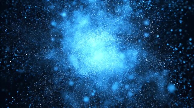 A vibrant, neon blue explosion with sparkling particles against a dark background