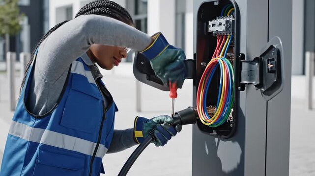 African woman technician in blue safety vest repairs electric vehicle charging station, using screwdriver to connect wires inside the unit in an outdoor urban setting