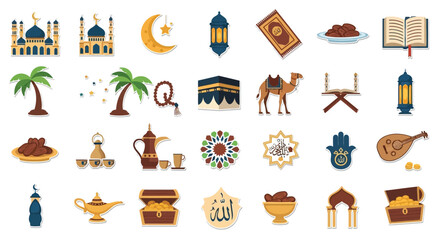 Colorful islamic icons depicting religious symbols architecture and cultural items