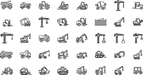 Construction vehicle silhouette illustration, dump truck, bulldozer, excavator, cement mixer, forklift, crane, heavy equipment icons, industrial machinery, building site vector art ©  Creative Crafter