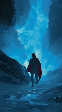 Person Walking Through Dark Blue Cave.