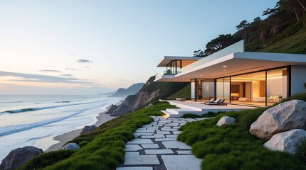 Fototapeta premium A multi-level modern house with a cantilevered upper deck and expansive glass walls, perched on a lush green hillside overlooking a misty beach and ocean at dawn, embodying minimalist.