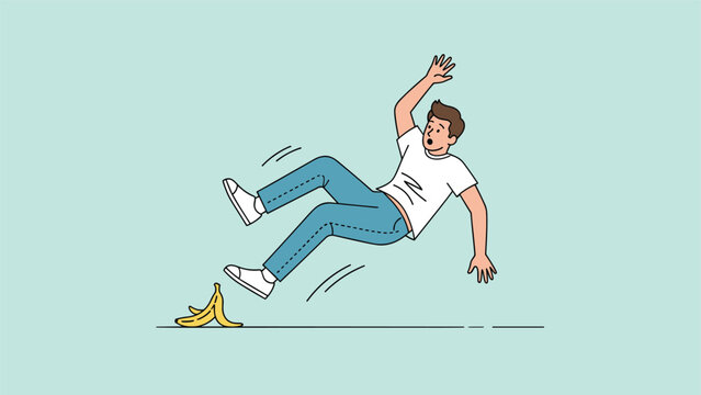 Humorous cartoon illustration depicting a man comically slipping and falling on a discarded banana peel.