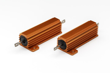 Two powerful wire-wound resistors with a built-in heatsink on a white background