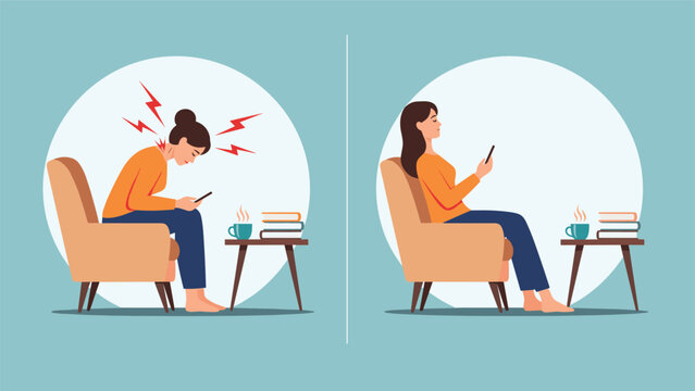 Comparative illustration showing proper and poor posture while using a mobile phone, emphasizing the importance of ergonomics and spinal health for well-being.