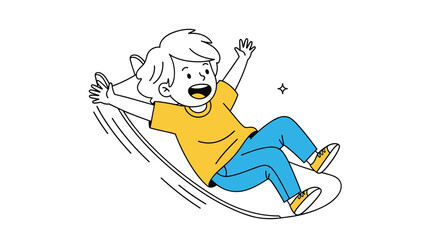 Obraz premium Happy little boy with a joyful expression, enthusiastically sliding down an unseen surface with arms outstretched, symbolizing childhood fun and active play.