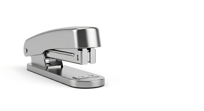 Modern metal stapler with sleek design and shiny finish perfect for office use on white background