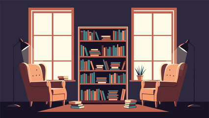 Fototapeta premium Inviting and cozy reading nook featuring two comfortable armchairs, a tall bookshelf filled with books, and warm lighting from floor lamps.