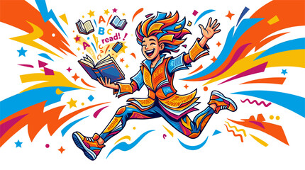 Obraz premium Energetic reader running with open book and flying letters, promoting literacy, education, copyright, in a vibrant vector illustration on white background.
