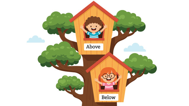 Charming illustration depicting two children in treehouses, labeled "Above" and "Below," visually explaining spatial prepositions for educational purposes.