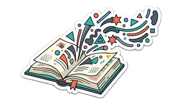 Open Book, Abstract Shapes Bursting. Symbolizing knowledge, creativity, intellectual property, and copyright. Modern flat design, colorful vector sticker.
