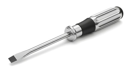 A precision screwdriver with a black handle and silver shaft featuring a flathead tip on white background