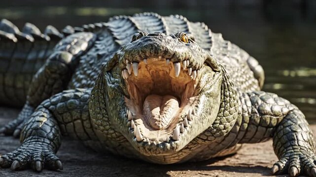 Crocodile with open mouth showing sharp teeth on land