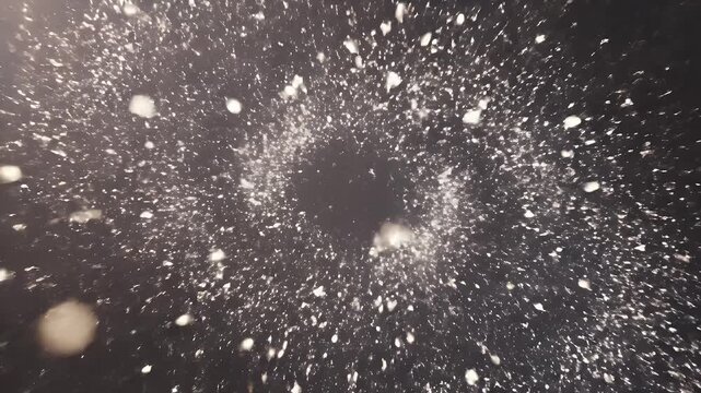 A bright spiral galaxy-like shape formed by white specks against a black background