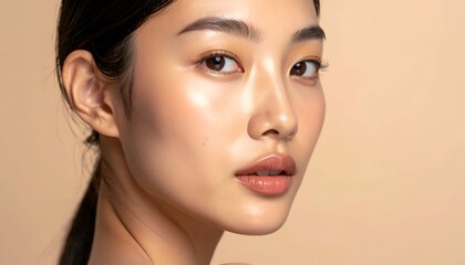 Fototapeta premium A close-up portrait of a young woman with radiant skin and a soft expression against a warm background