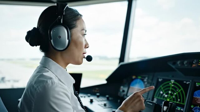 Asian female pilot wearing headset communicates with air traffic control while operating aircraft controls in a modern cockpit with advanced navigation displays