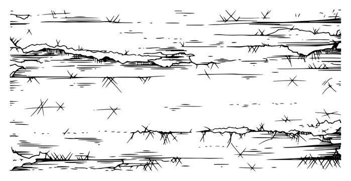 Sketchy ground surface texture with cracks and grass in hand drawn style