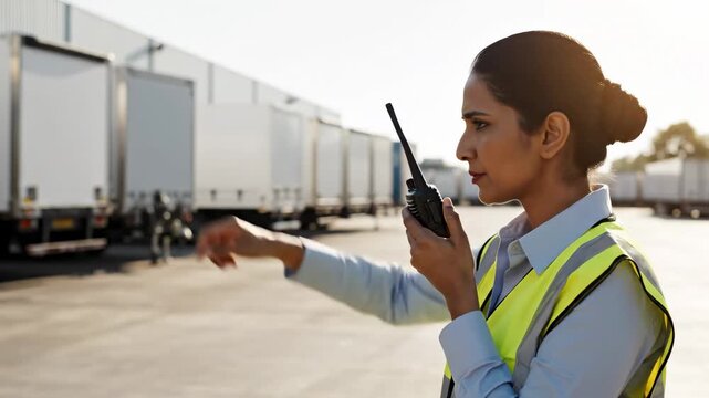 South Asian female logistics coordinator in safety vest communicates via radio while directing operations in a busy transport yard with trucks in the background