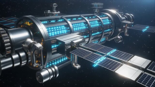 A detailed view of a futuristic space station with glowing blue panels and large solar arrays orbiting in deep space.