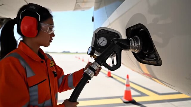 Asian female aviation technician in orange coveralls refuels aircraft at airport, holding fuel nozzle with pressure gauge, cones visible on tarmac in bright daylight
