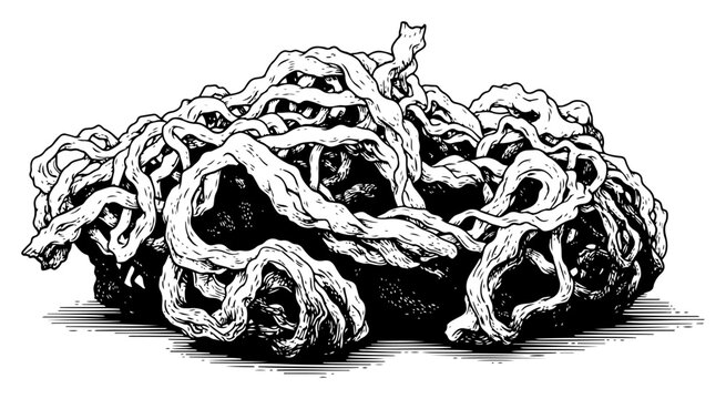 Detailed vintage engraving of tangled roots and twisted vine branches