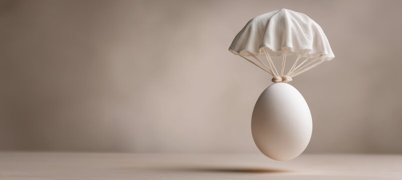 Whole egg with parachute deployed in midair capturing wind flow