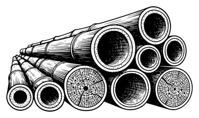 Large stack of bamboo trunks in perspective with detailed end grain texture © Cristiano