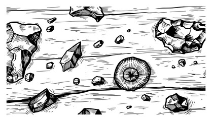 Vintage engraving style ground surface with scattered rocks and circular fossils © Cristiano