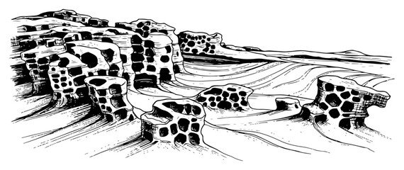 Surreal landscape of porous rock structures and cratered mounds in desert terrain © Cristiano