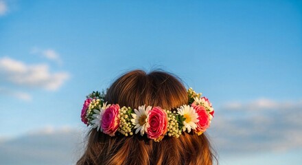 Naklejka premium Young woman with flower crown looking at clear blue sky 