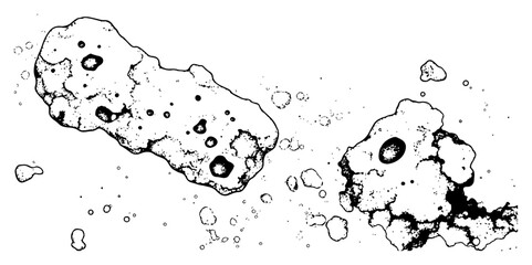 Illustration of floating porous rocks or cosmic asteroids with cratered surfaces © Cristiano