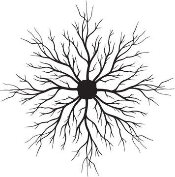 Mycelium Network Silhouette Minimalist Central Node with Branching Root-like Threads Flat Vector Icon