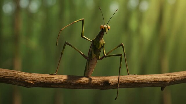 Animated praying mantis on branch against soft green background cartoon insect design