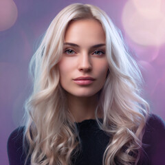 Fototapeta premium blond woman portrait looking at camera, young blonde female headshot with light purple background, confident woman front view studio portrait
