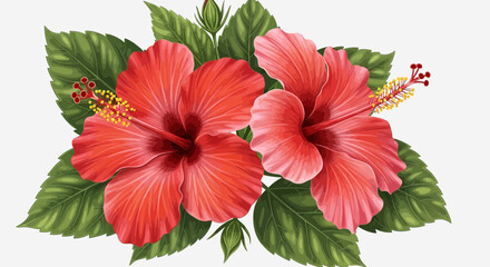 Red Hibiscus Flowers with Leaves – Tropical Floral Vector Illustration © abdurradhid