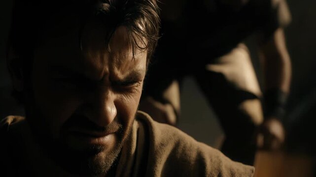 Close-up of Cain's angry and jealous expression. Biblical scene of the conflict between Cain and Abel from Genesis. Human emotion and resentment concept