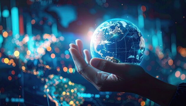 Global reach hand holding earth