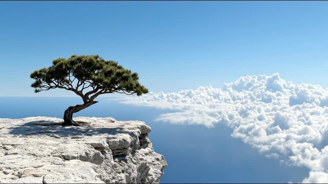 A solitary tree perches on a cliff edge overlooking clouds and the ocean. Deep blue sky dominates the upper portion