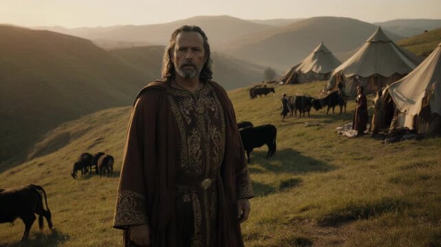 Biblical patriarch Jacob overseeing his camp of tents and cattle. Ancient nomadic shepherd leader in the land of Canaan